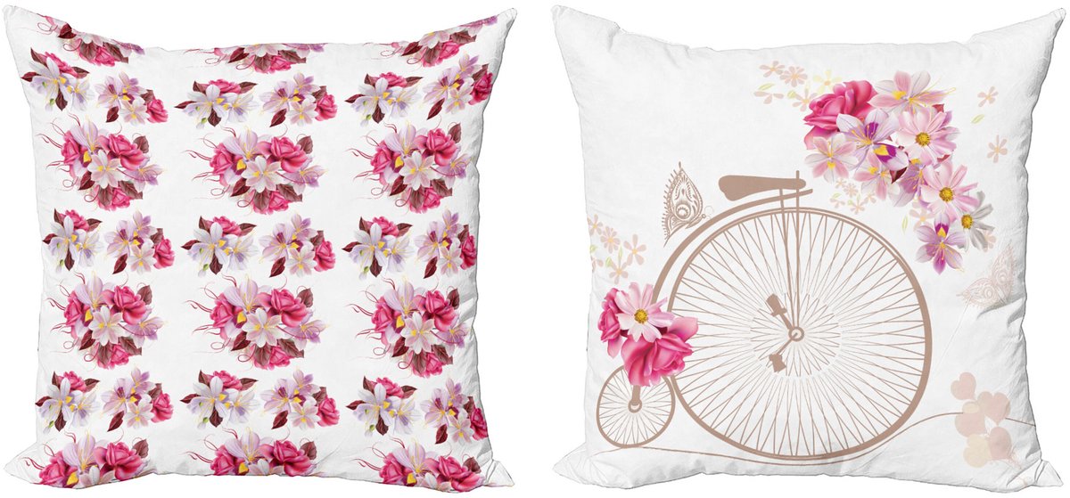 ABAKUHAUS Romantisch Sierkussenhoes Set van 2, Liefde Bouquets Vintage-Fiets, Modern Accent Dubbelzijdige Digitale Print, 60 x 60 cm, Donker Mauve Roze Roos