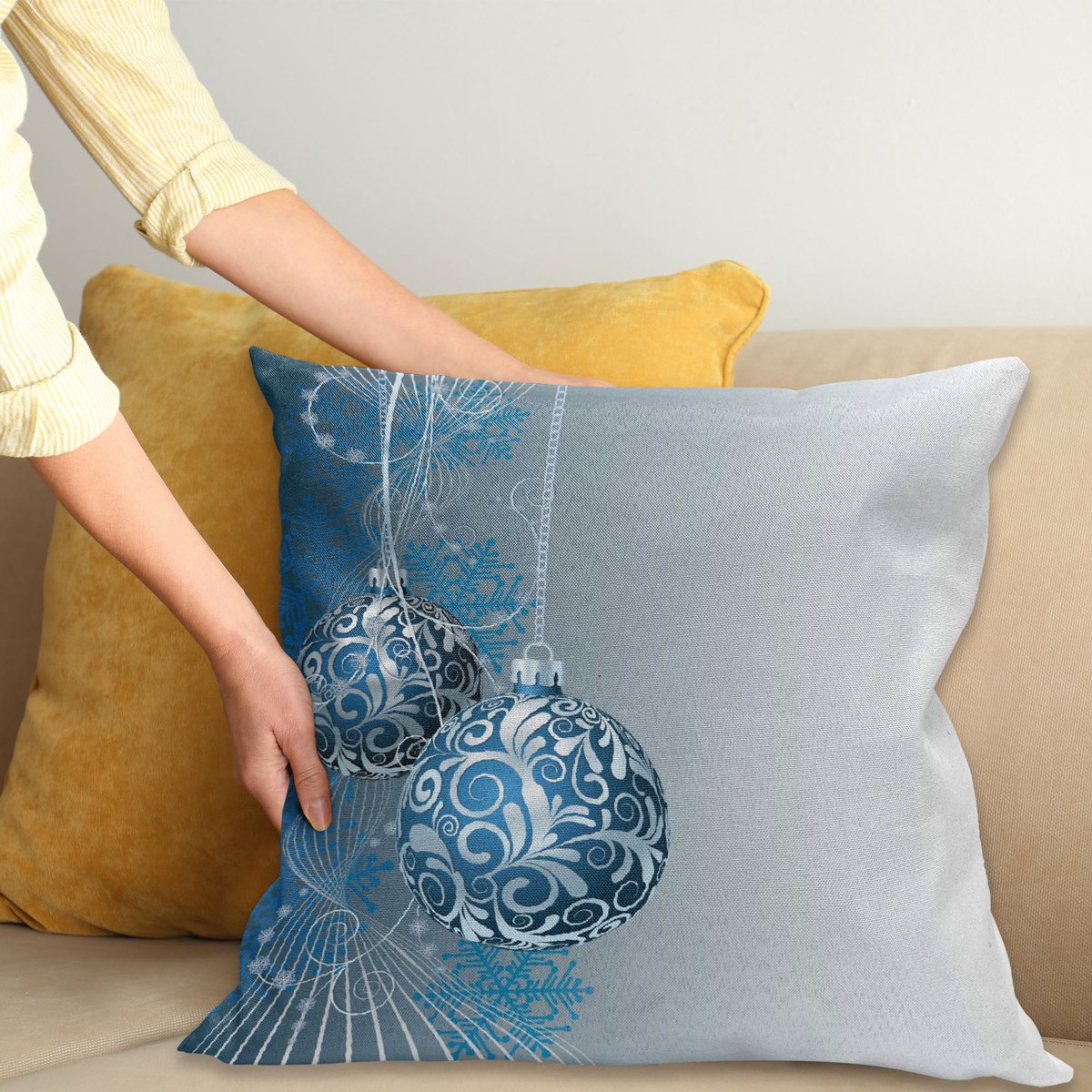 ABAKUHAUS Kerstmis Kussenhoes, Schneeflockemotiven Werveling, Decoratieve Kussenhoes met Dubbelzijdige Print, Ritssluiting, Wasbaar, 50 x 50 cm, Blauw Lichtblauw Wit