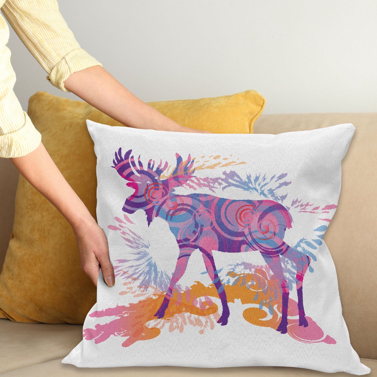 ABAKUHAUS Digital Kussenhoes, Trippy Levendig Hert, Digitale Print, Waterbestendig, Kleurecht, Wasbare Kussenhoes met Ritssluiting, 40 x 40 cm, Mauve en Oranje