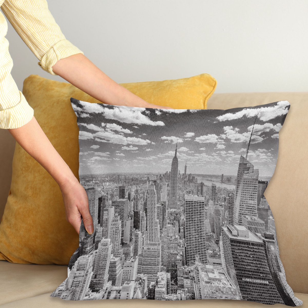 ABAKUHAUS Stad Kussenhoes, Manhattan Stadtlandschaft, Kussenhoes met Ritssluiting en Dubbelzijdige Print, 45 x 45 cm, Grijs