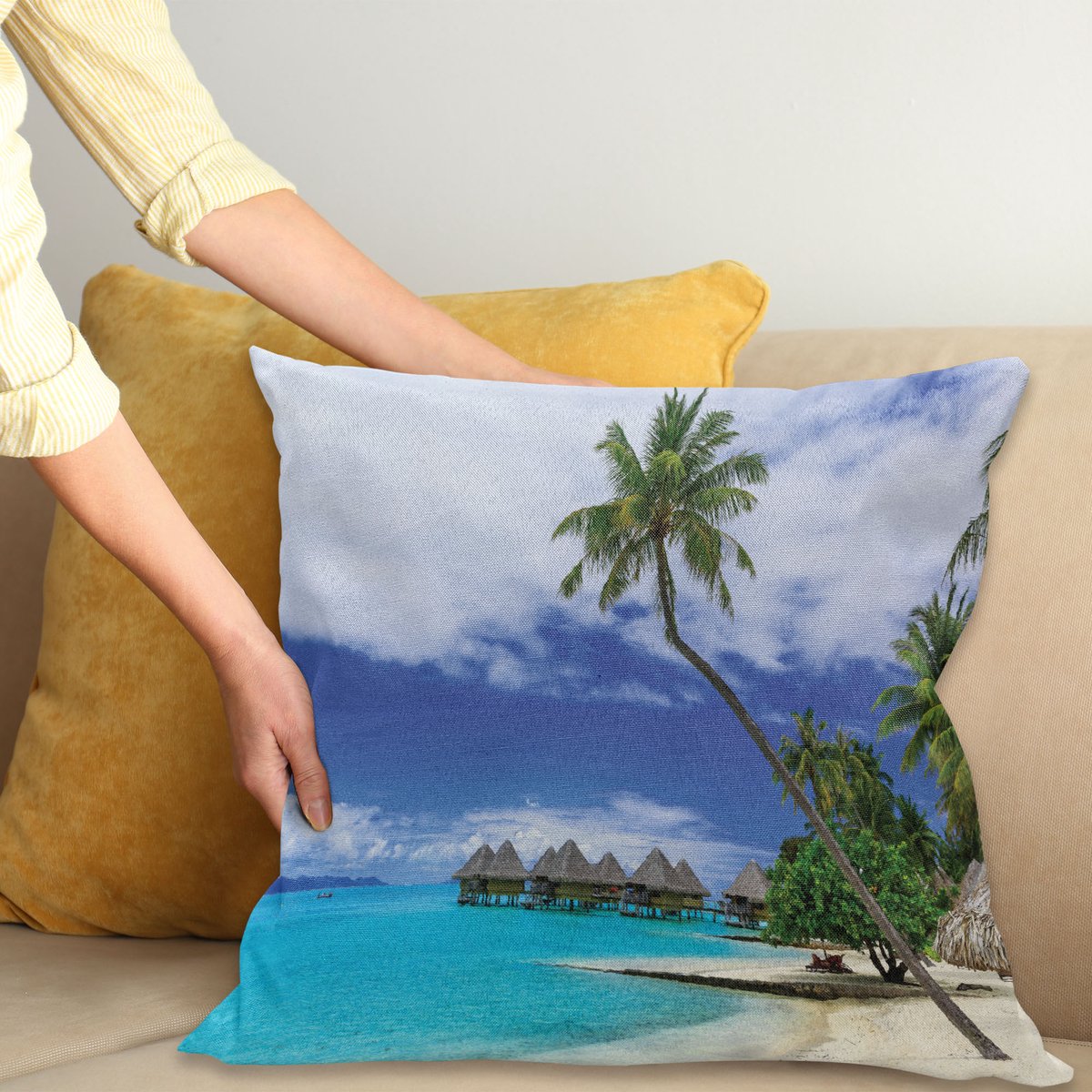 ABAKUHAUS Tropisch Kussenhoes, Insel Pasific Oceaan, Kussenhoezen met Dubbelzijdige Print Kleurecht Wasbaar en Ritssluiting, 40 x 40 cm, Groen Wit Blauw