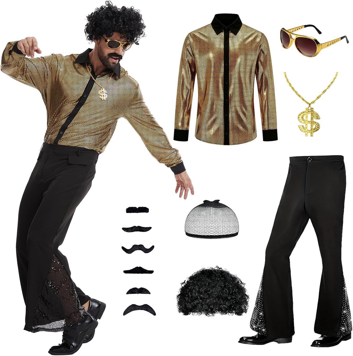 Jaren 70 disco kostuum 7 stuks fancy dress up retro heren