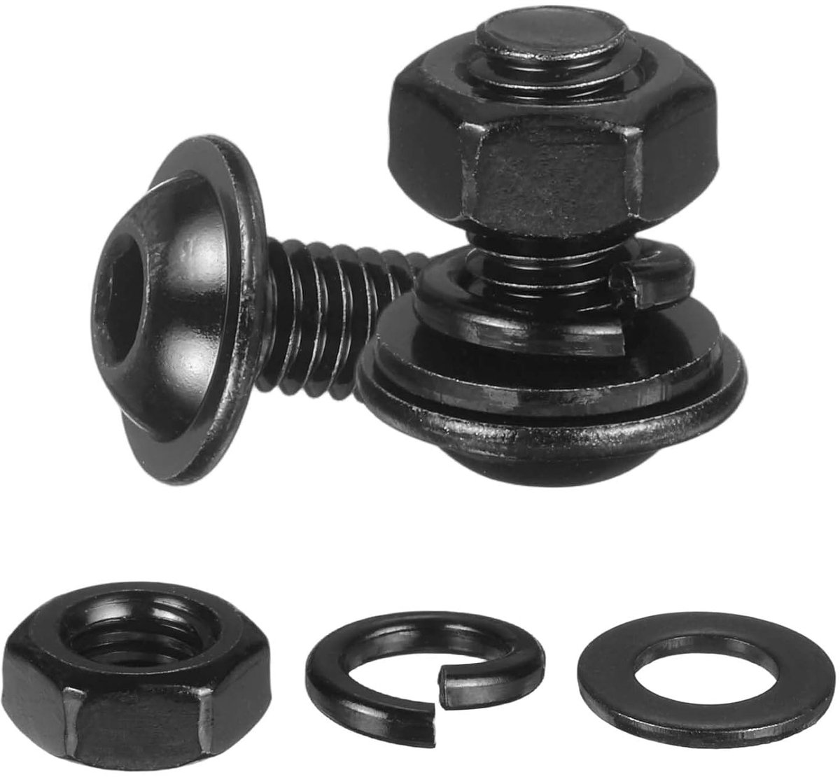 10 stuks kopschroeven met rand en binnenzeskant, M6 x 12 mm, roestvrij staal 304, zwart, 18-8, zeskantschroeven, moeren, sluitringen en