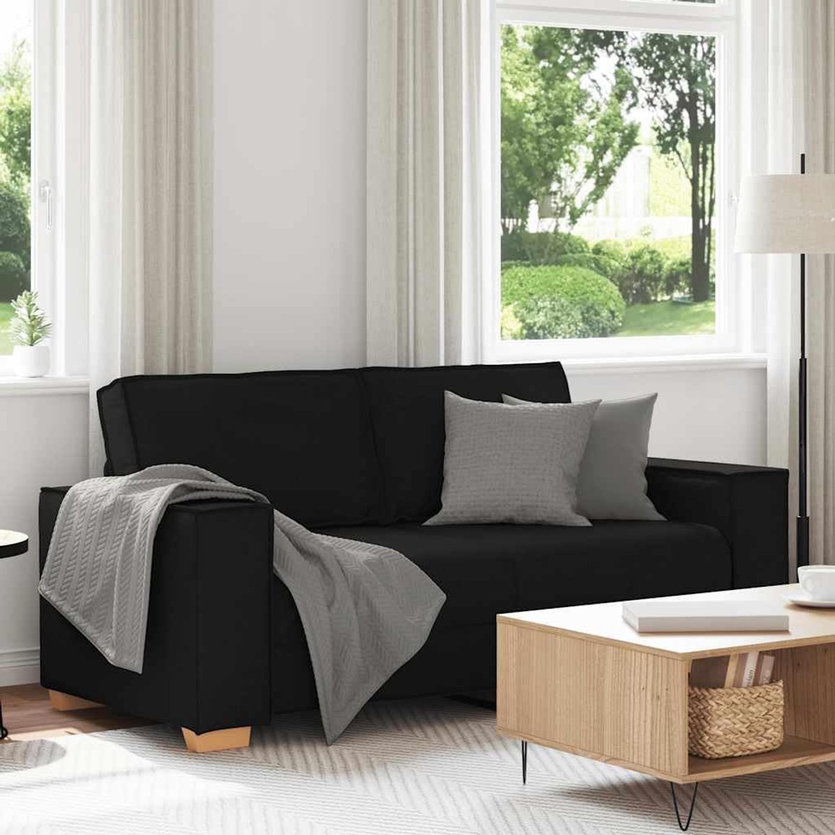 2-zitsbank, zwart, 140 cm, stof, comfortabele gestoffeerde bank met brede armleuningen, stabiel frame van hout en metaal, zacht polyesterweefsel, veelzijdig voor de woonkamer