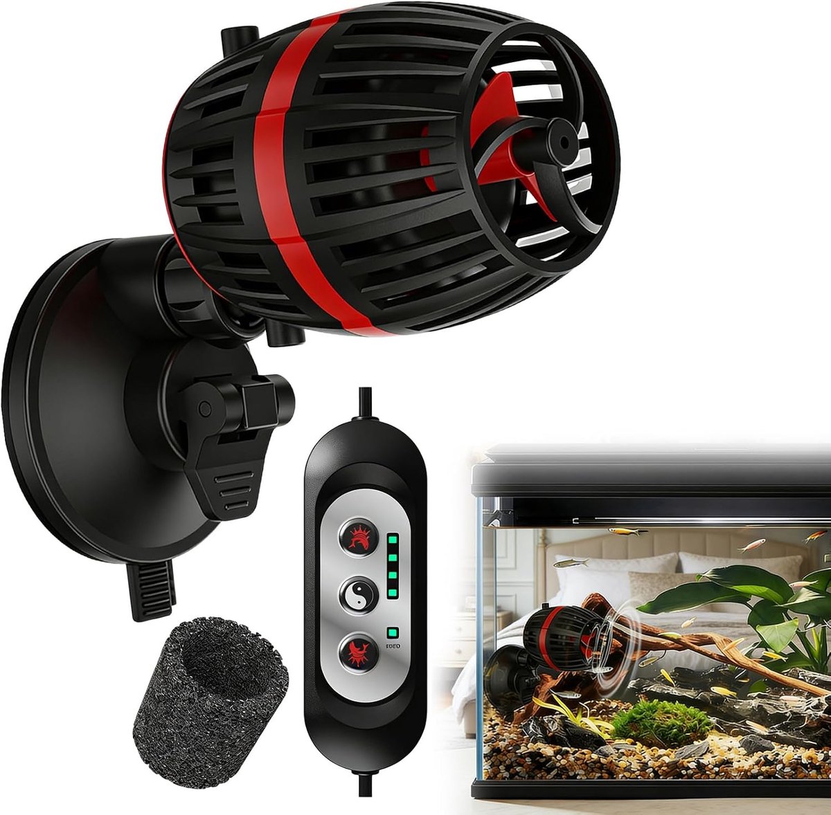 Golfpomp voor aquarium, aquariumpomp, circulatiepomp, aquariumcirculatiepomp, debiet instelbaar op 4 snelheden, 8-25 W, 4500-15000 l/u, voor aquaria van 500 l
