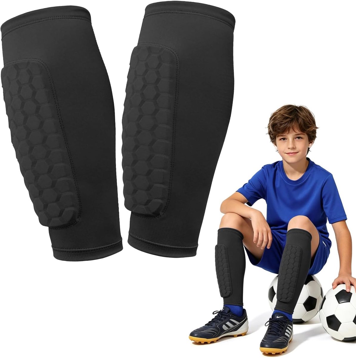 Scheenbeschermers voor jongens – Scheenbeschermers voor kinderen (7-8 jaar) voor voetbaltraining – Accessoires voor jongens en meisjes – Compressiesleeves met honingraatstructuur