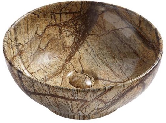 Ovaal stenen wastafelblad met marmerlook, bruine tinten en een uniek aderpatroon. Diameter 41 cm.