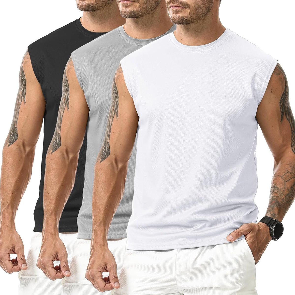 Set van 3 mannen Running Workout Mouwloze Tank Top Gym Training Mouwloze T-shirts Fitness Atletische Dry Vesten Tops