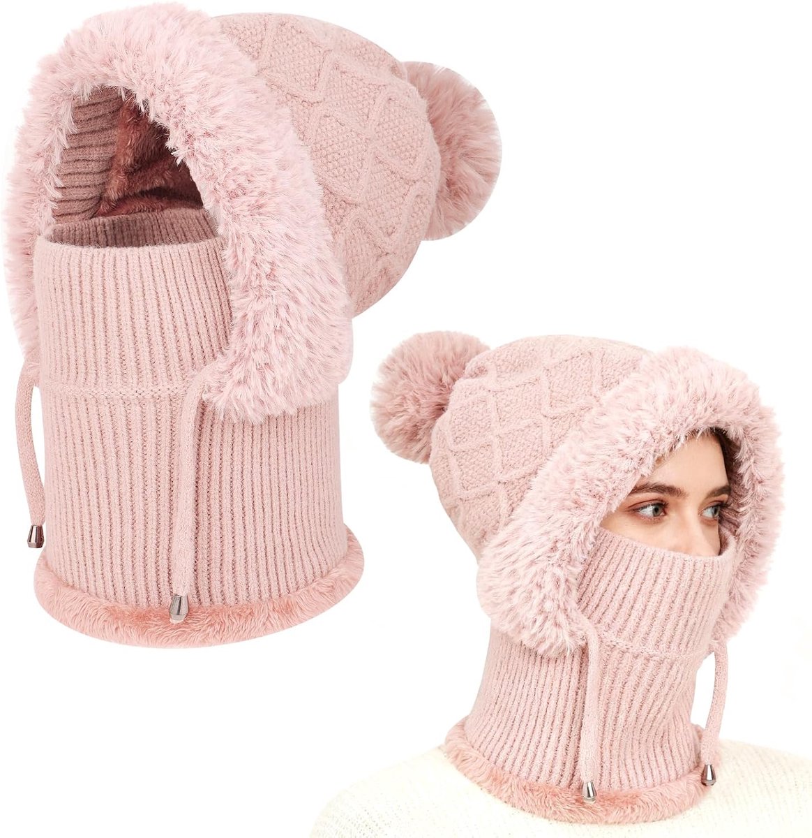 Bivakmuts voor dames, warme gebreide thermische muts, wintermutsen voor vrouwen met fleecevoering, multifunctionele verstelbare wintermuts, fleece capuchon, snood met nekwarmer voor