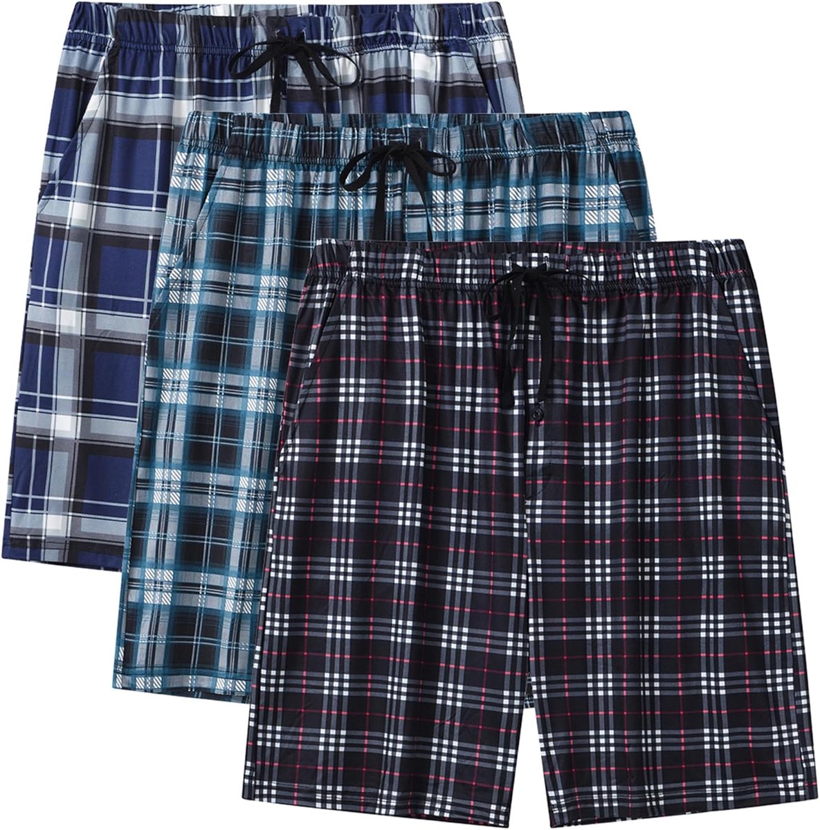 3-pack pyjamabroek voor heren, kort, katoen, geruit, pyjamabroek, shorty, zomer, nachtkleding, slaapshorts met zakken, Set van 3 -E., S