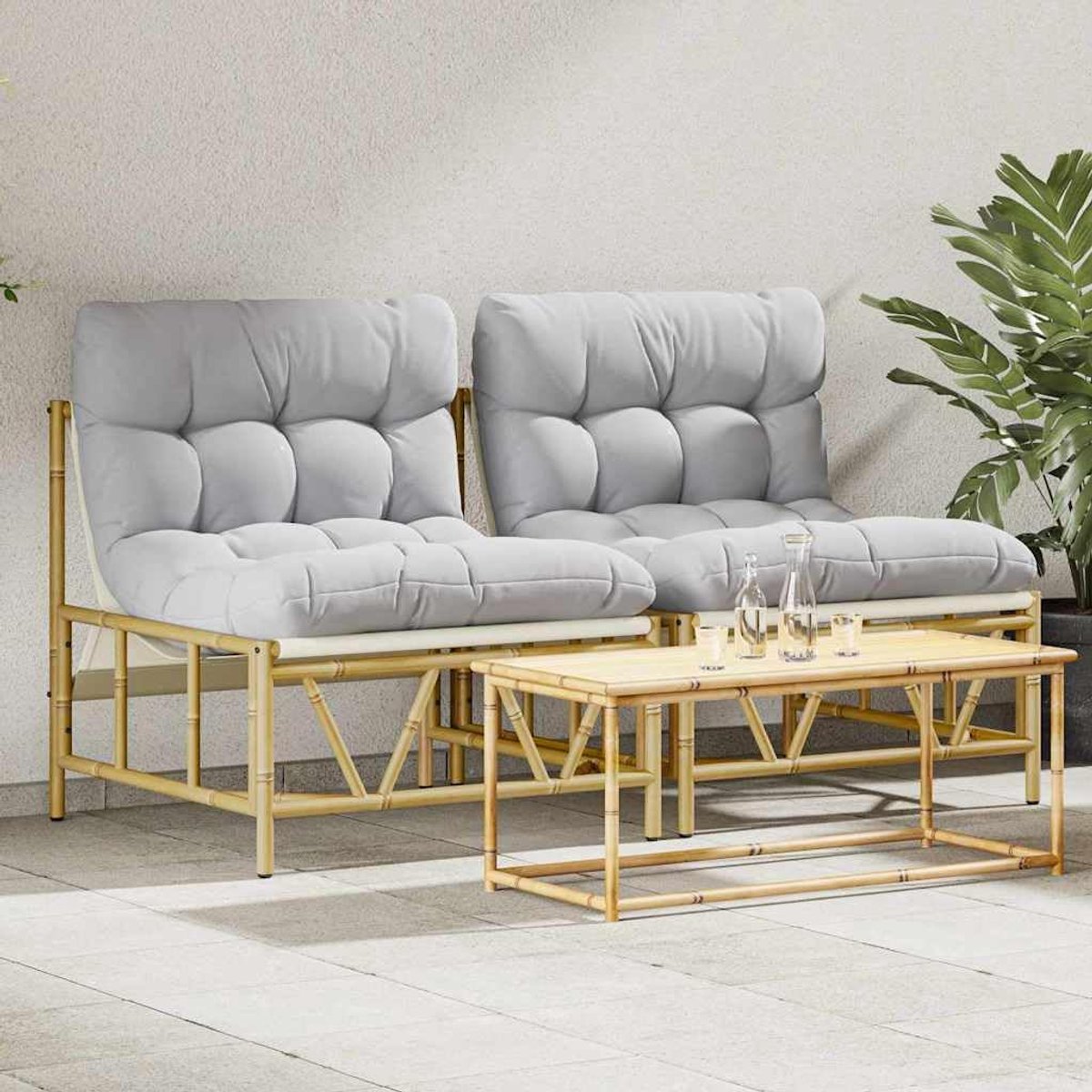 Tuinstoelen met kussen staal 2 stuks, terrasstoelen lichtgrijs met stalen frame en bamboe afwerking, comfortabele tuinstoelen met polyester kussen en zitting