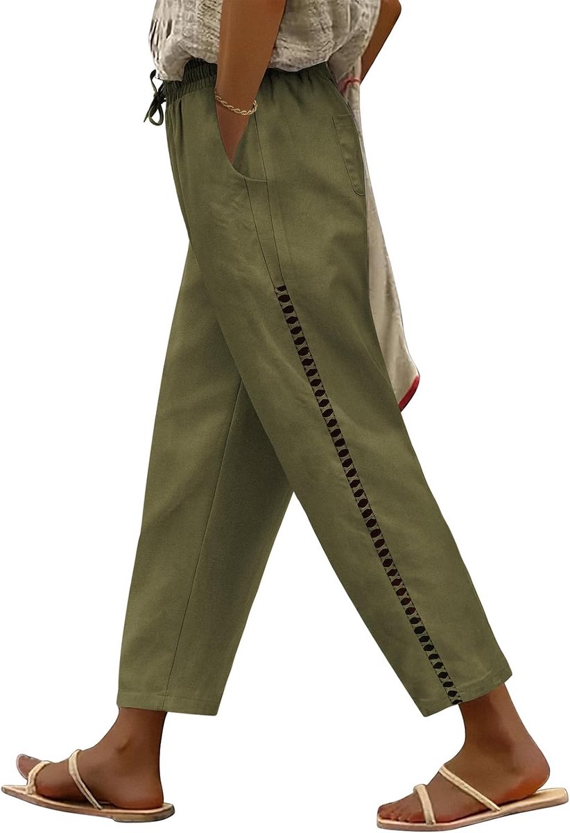 Linnen damesbroek met hoge taille zomer baggy 7/8 linnen katoenen broek gezellig gaas casual lichtgewicht broek met zakken