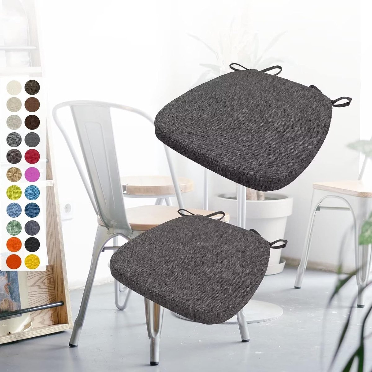 Set van 2 stoelkussens, 40 x 38 x 3 cm, met banden, wasbaar zitkussen, antislip, afneembare overtrek met ritssluiting, ideaal voor thuis, kantoor, keuken, eetkamer, koffiegrijs