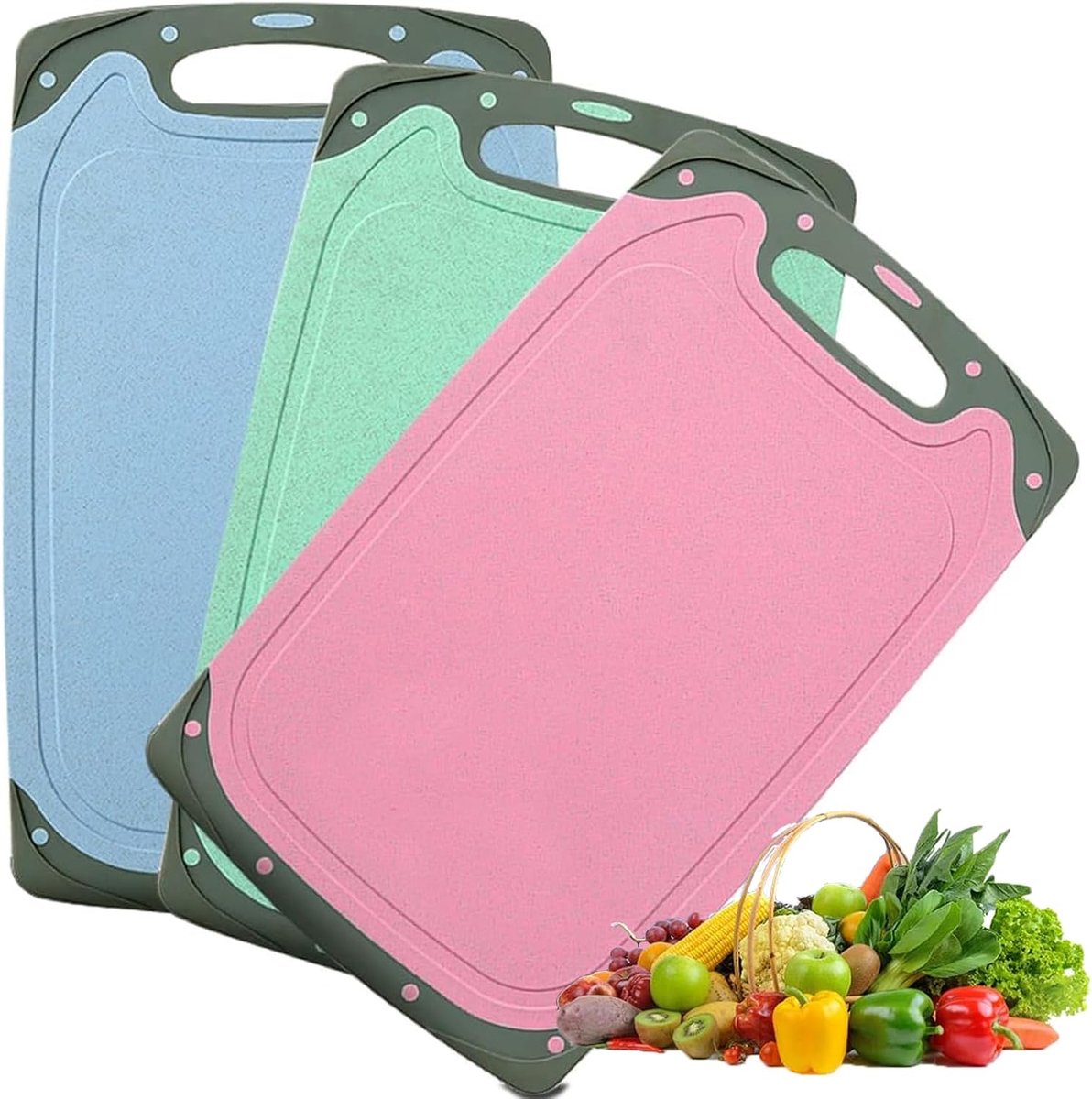 3-delige set, snijplanken met sapgoot en antislip oppervlak, antibacteriële ontbijtplankjes, snijplank, kunststof, BPA-vrij, vaatwasmachinebestendig (35 x 22 x 0,8 cm)