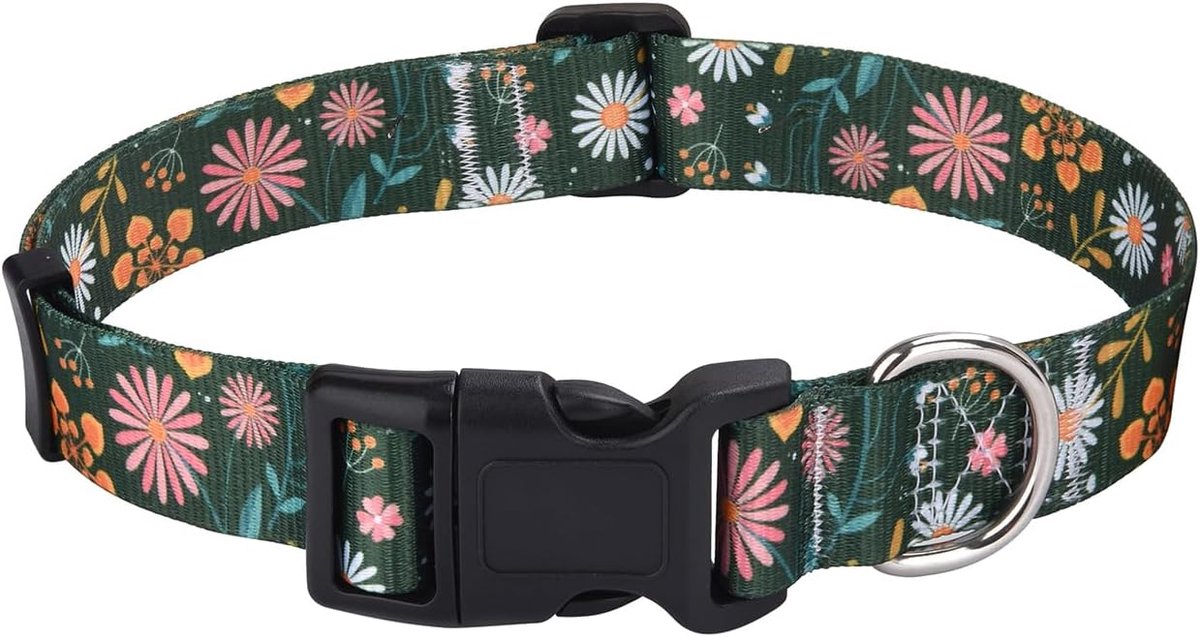 Hondenhalsband, verstelbaar, zacht en comfortabel, nylon hondenhalsband voor kleine, middelgrote en grote honden, puppy's, katten (donkergroene bloem, XS)