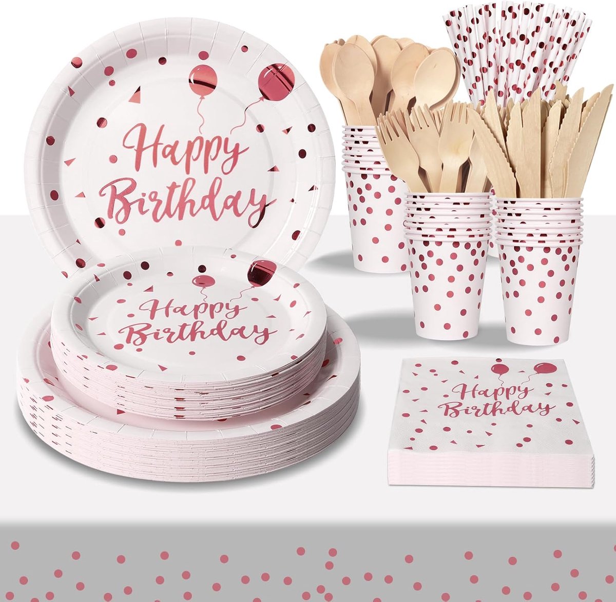Borden 193 stuks witte roze gelukkige verjaardag thema kinderfeestdecoratie feestaccessoires set inclusief papieren borden servetten bekers houten mes vork lepel - voor 24 gasten