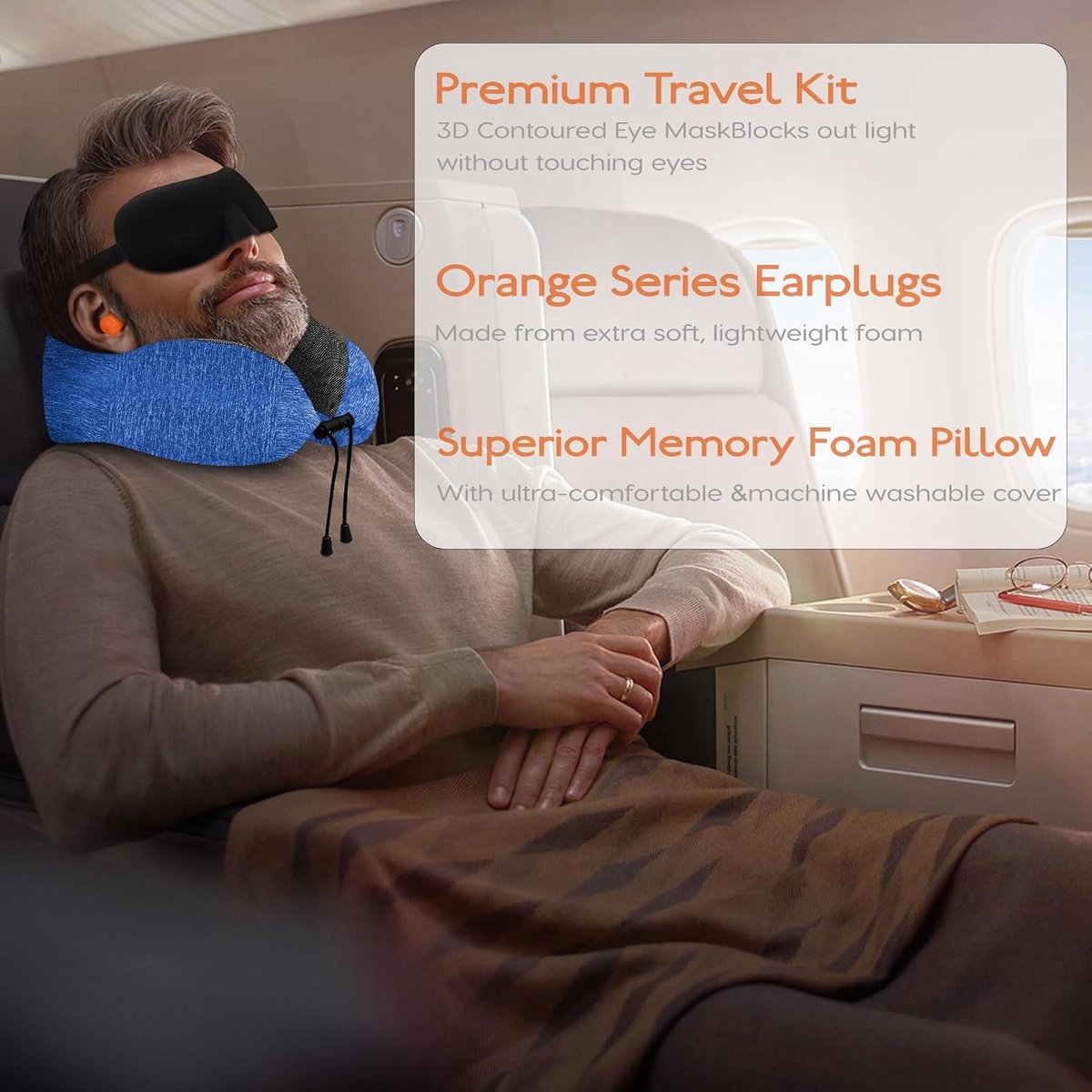 Vliegtuig, reiskussen, traagschuim, nekkussen voor volwassenen, nekkussen voor op reis met 3D-slaapmasker, oordopjes, tas, ideaal voor reizen, vliegtuig, kantoor, auto, trein