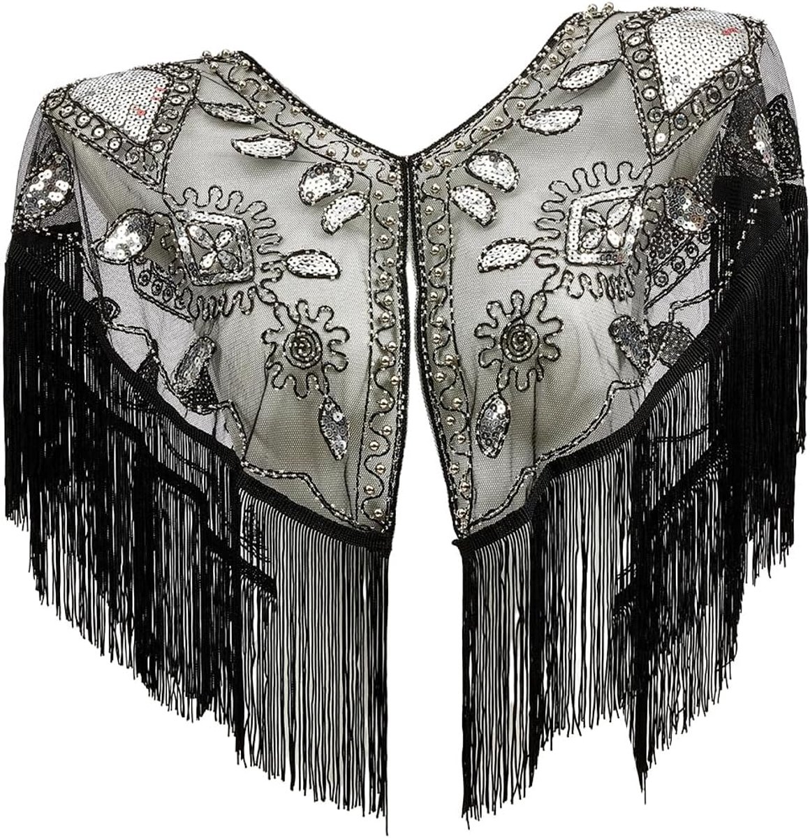 Jaren 20 flapper sjaal zwarte pailletten kralen sjaals en wraps capelet mantel cover-up franje wraps schouderophalen voor vrouwen avondjurk bruiloft Halloween Gatsby feest Harlem Night
