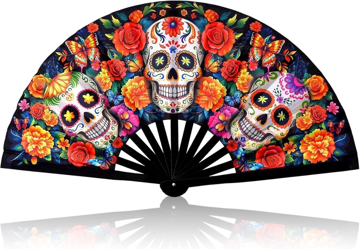 Dia de los Muertos Waaier 64 cm, oplichtende doodshoofdwaaier voor dames, Halloween-kostuumaccessoire met fluorescerend effect, handwaaier voor carnaval, cosplay, maskerade en themafeest