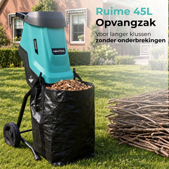 VENTRA® Elektrische Hakselaar - Wood Shredder - 2800W - Voor Takken Tot Ø45mm - 45L Opvangzak - 42 x 35 x 94cm — afbeelding 4