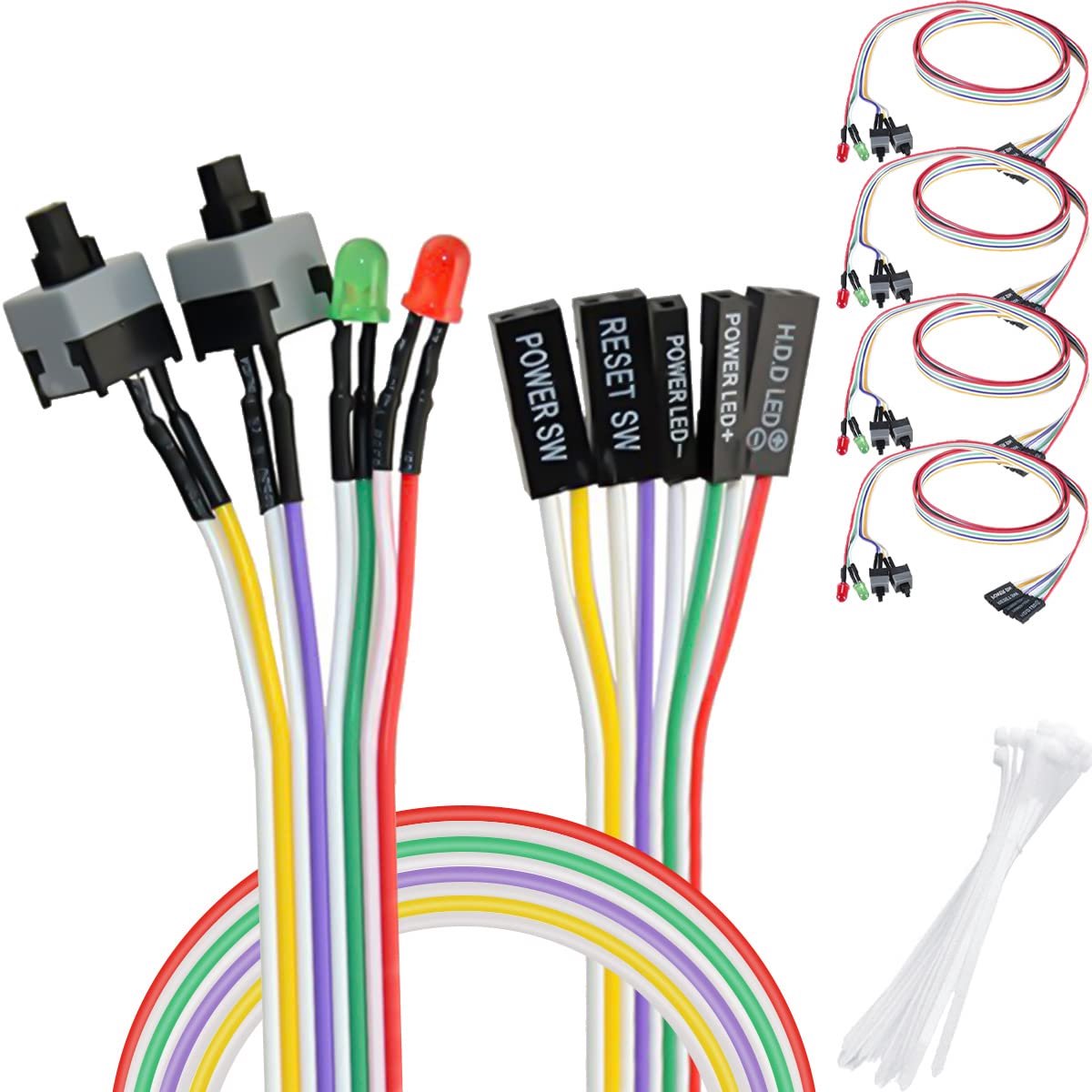5 stuks off/on/reset/hdd-schakelaar voor desktop-pc-behuizing, desktop-computerbehuizing, aan/uit-knop, rode en groene led-indicator, resetkabel