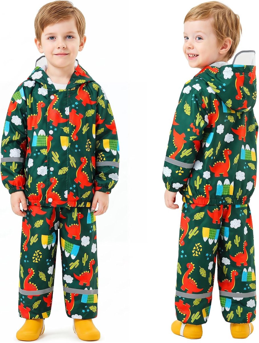 Kinderregenpak unisex jongens meisjes capuchon regenjas en regenbroek set, licht winddicht waterdicht jasje & broek pak, regenjas met reflecterende strepen, 1-7 jaar