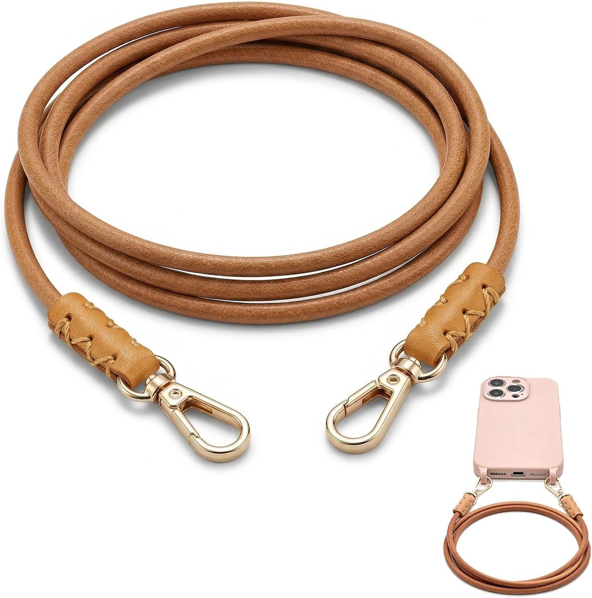 Telefoonketting van echt leer, universele telefoonband om te hangen, lanyard en lange ketting, afneembaar en compatibel met alle smartphones (iPhone, Samsung) en hoezen