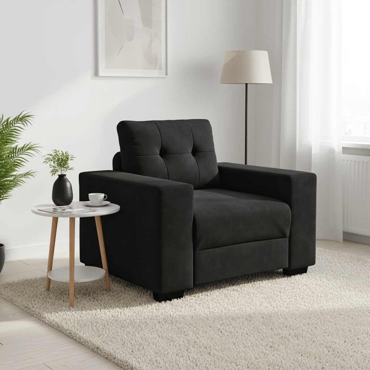 Zwart 60 cm fluwelen relaxbank met gevoerde schuimrubberen zitplaatsen voor woonkamer, slaapkamer, studeerkamer