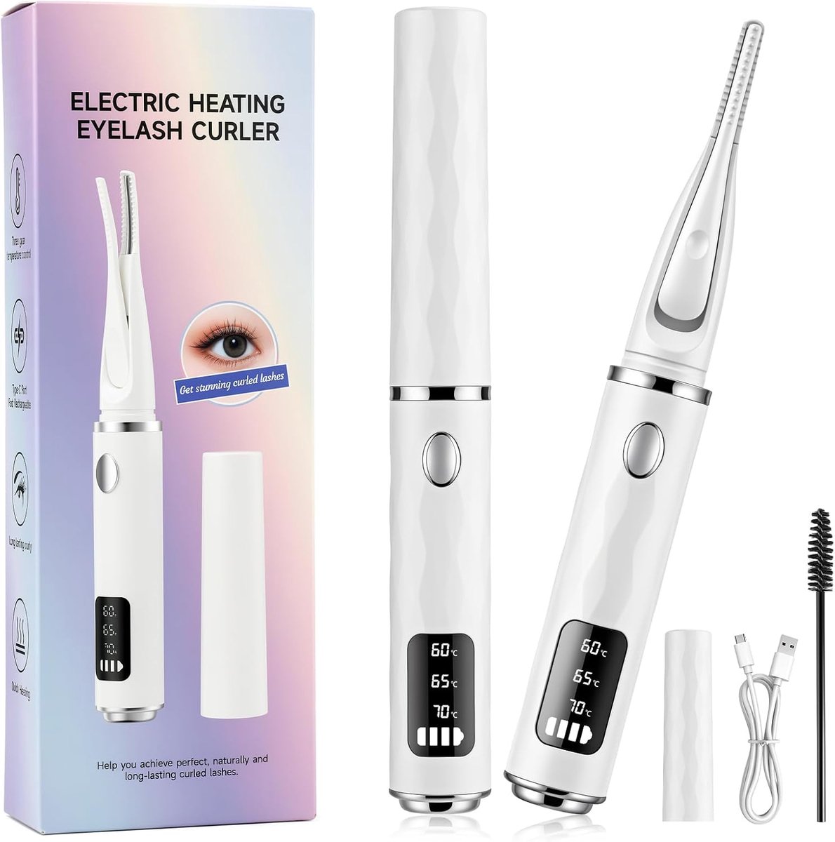 Verwarmde wimperkruller, elektrische verwarmde wimperkruller met 3 temperatuurstanden (65/75/85 °C), snel opwarmende Lash Curlers voor langdurige krullen