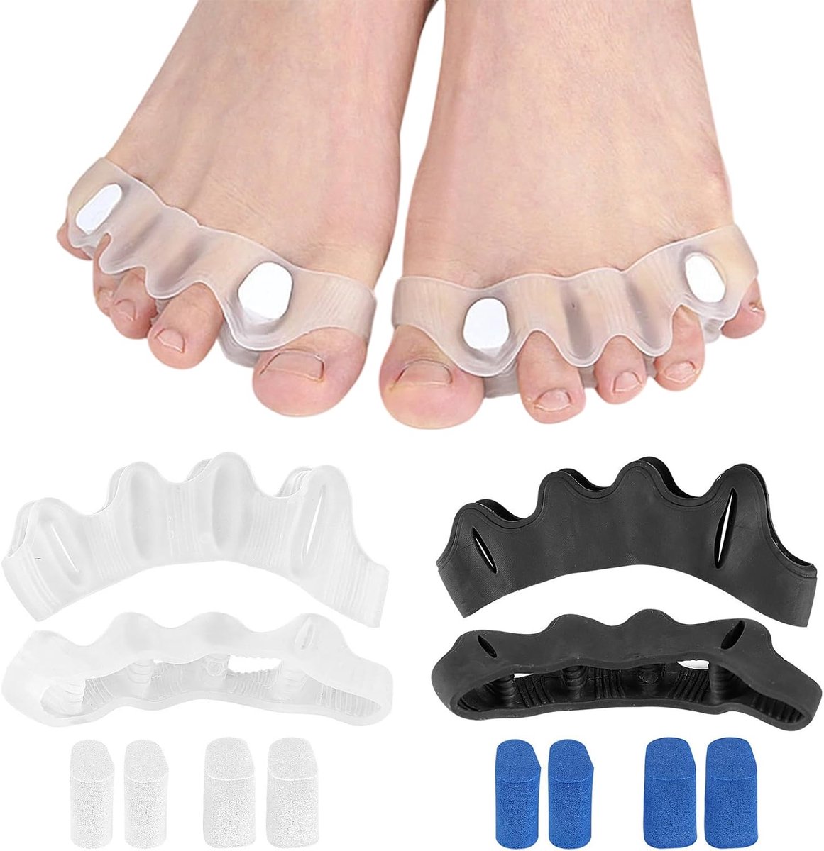 Teenspreider voor hallux valgus – 2 paar teenspreider van siliconen met sponsdoppen, teenrechter voor correctie van gepaarde tenen, eeltknobbels en voetpijn