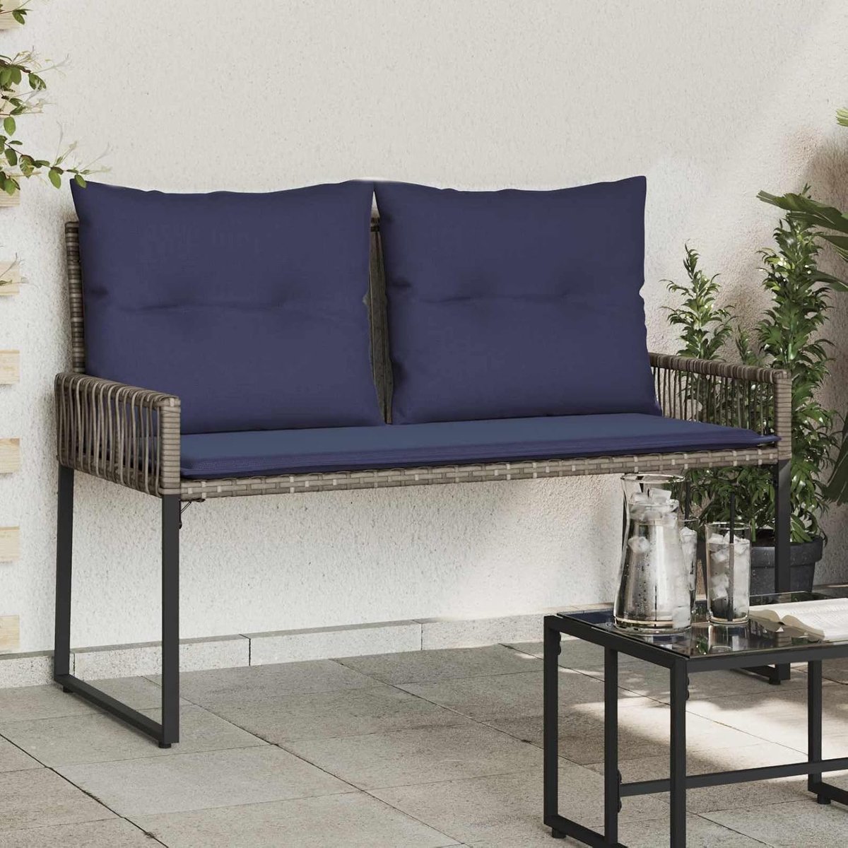 Tuinbank van polyrotan met zit- en rugkussens, grijs en marineblauw, 4-delige set voor terras, balkon of tuin, stabiel stalen frame, afneembaar zitkussen