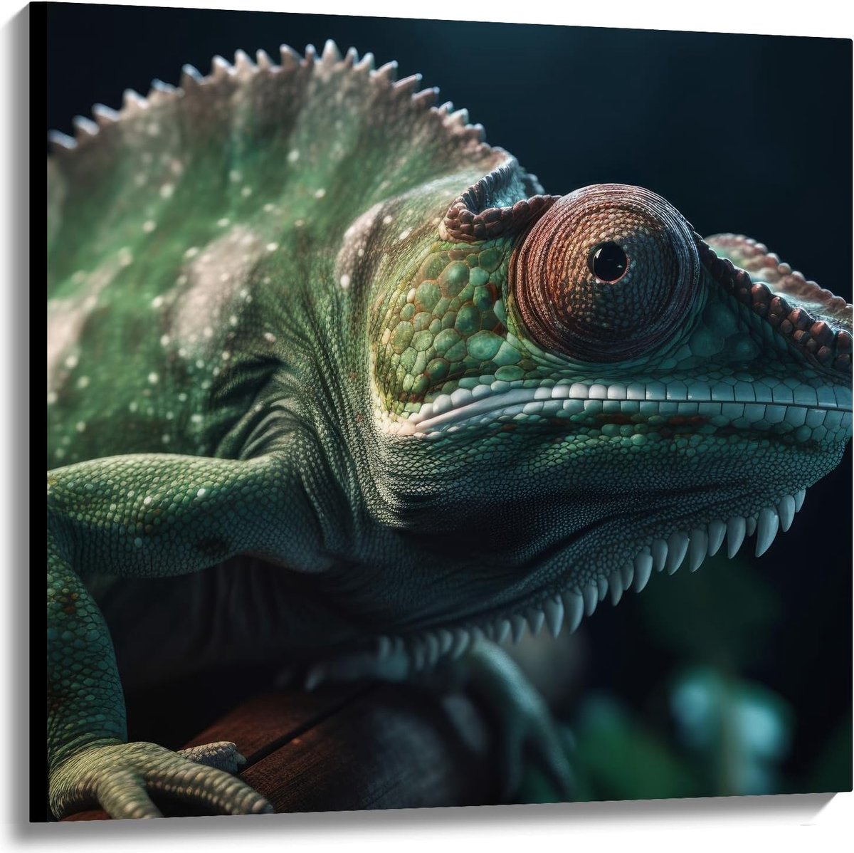 - Groene Kameleon Zittend op Tak - 100x100 cm Foto op Canvas Schilderij (Wanddecoratie op Canvas)