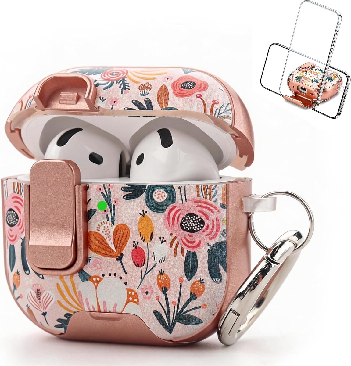 compatibel met AirPods 4e generatie schattige bloemen AirPods 4 hoes met slot roze bessen bloem shell met telefoonstandaard functie & karabijnhaak