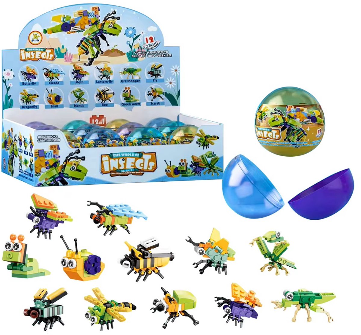 Happy Trendz® Building Blocks Bricks DIY 12-in-1 Dieren 12 Stuks Insecten Bouwstenen Display – 12-in-1 Mystery Ball – DIY Building Blocks – 12 Verschillende Insecten – Vlieg, Bij, Vlinder & Meer