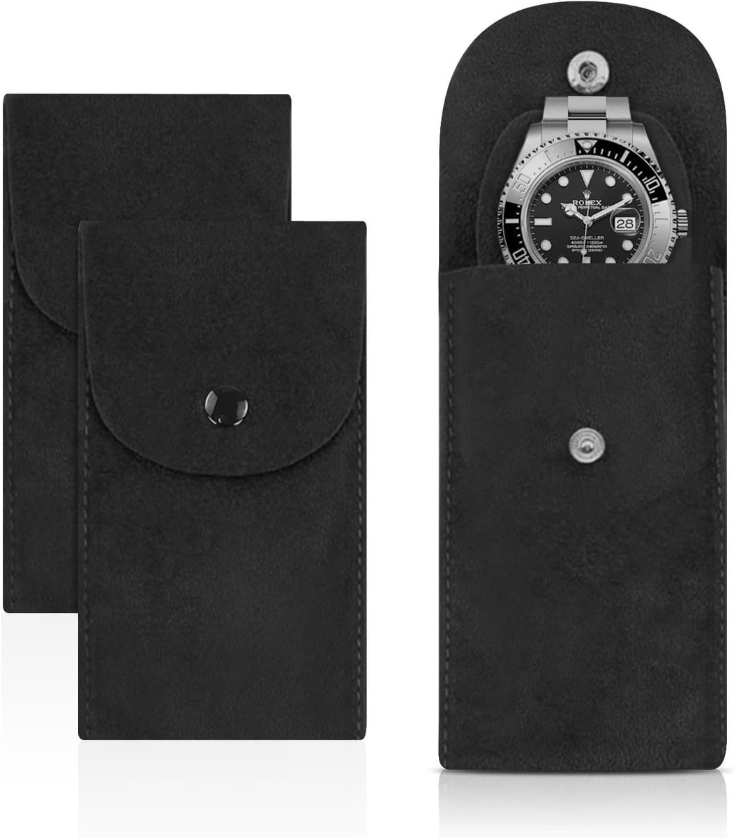 2 Stuks Velvet Horlogeopslagzak, Inclusief Horloge Kussen voor Dames en Heren, Draagbare Reiszak voor Horloges, Perfecte Cadeauverpakking met Gesp (Zwart)