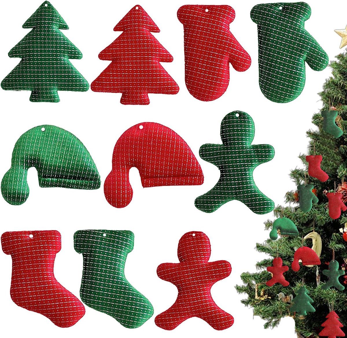 10P kerstboom ornamenten decoraties, rood & groen 3,5 inch glanzend Xmas opknoping ornament voor auto, kerstboom|peperkoek Man|Kerstman Hoed Kous Handschoenen, Vakantie DIY Ambachten Xmas