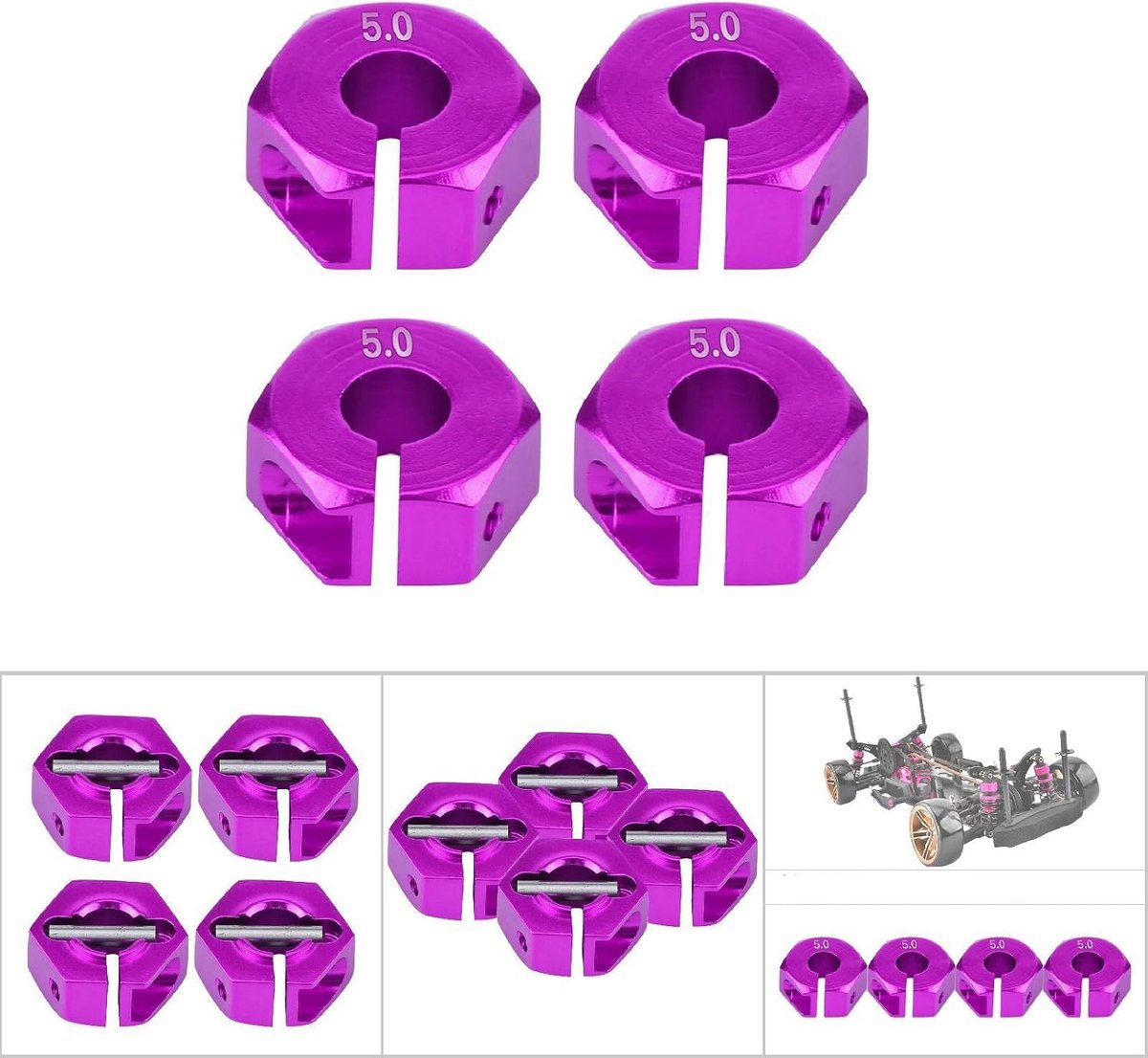 Wielnaafadapter, universal RC naafadapter, extensieconversie en compatibel met RC auto’s, 12mm RC naafadapter, 5mm, paars, voor RC auto’s in schaal 1/10, Team Associated, Reedy Racing