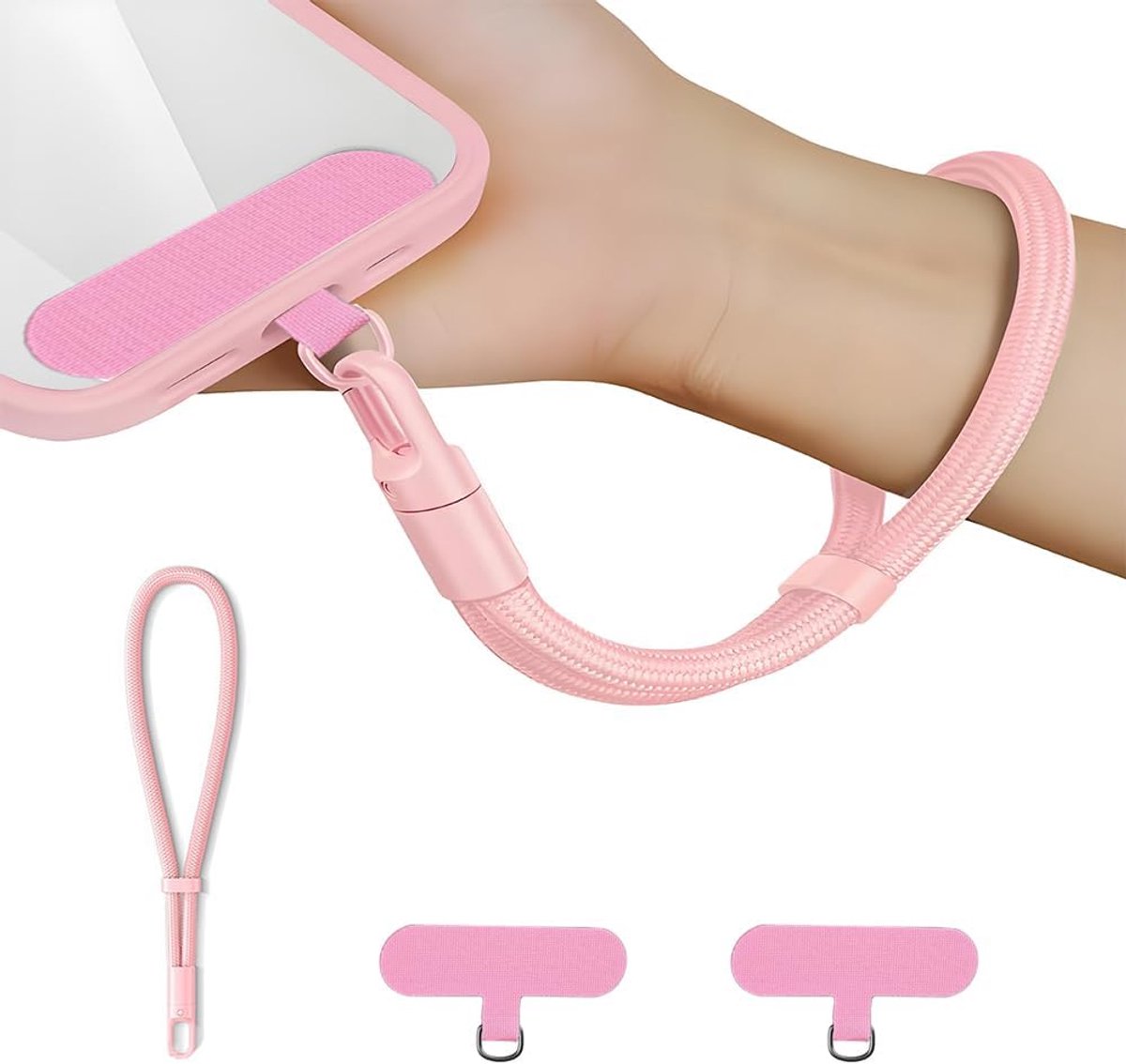 Korte telefoonketting, universeel, multifunctionele telefoonketting, polsband, mobiele telefoon met 2 stuks ultradunne patches, anti-verlies, verstelbare telefoonband, kort verstelbaar