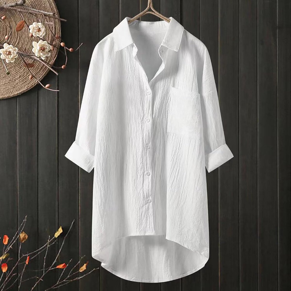 Blusen Tuniken Für Damen Leinen Baumwolle Longbluse - Sommer Button-Down Übergröße Leinenbluse Lässiges Hemd V-Ausschnitt Langarm Elegant Atmungsaktive Tops Freizeithemd Lose Shirts Mit Brusttaschen