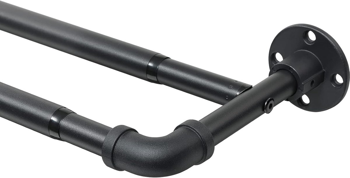 2-loops industriële gordijnstang, zwart, uittrekbaar, 74-200 cm, gordijnstangset, metaal, wandmontage, stijlvolle dubbele stang in industrieel design, voor licht- en donkerlaag