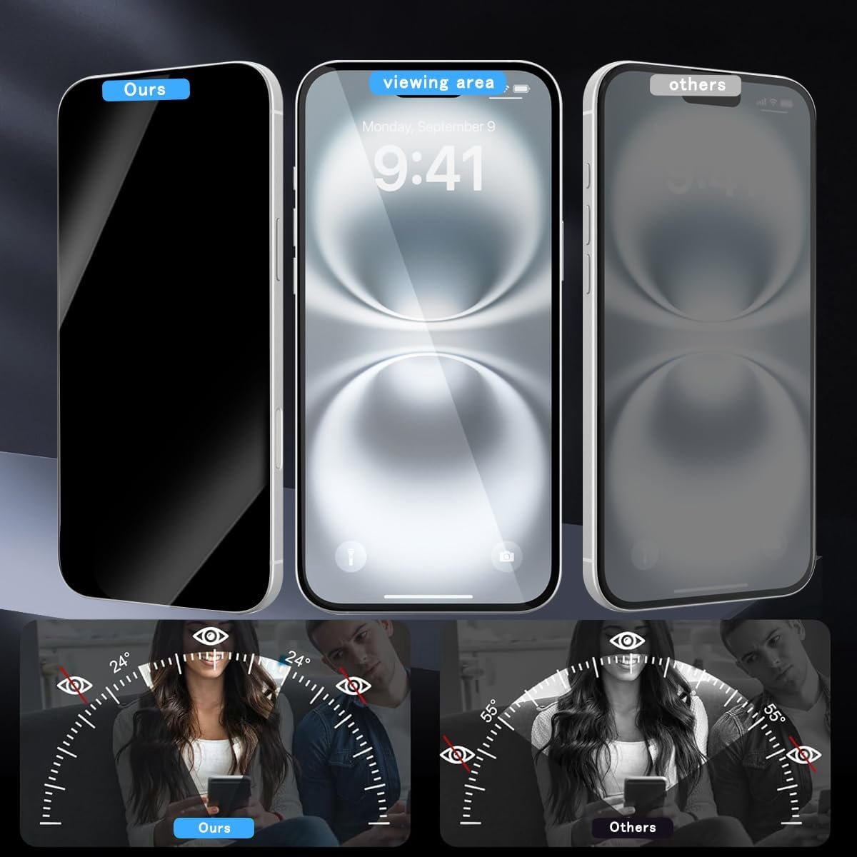 Beschermfolie voor Gehard Glas voor iPhone 16, Anti-Gluren Privacy Folie met Camerabescherming Beschermglas [1+2 Stuks], 9H Hardheid, Anti-Spy Privacybeschermingsfolie voor
