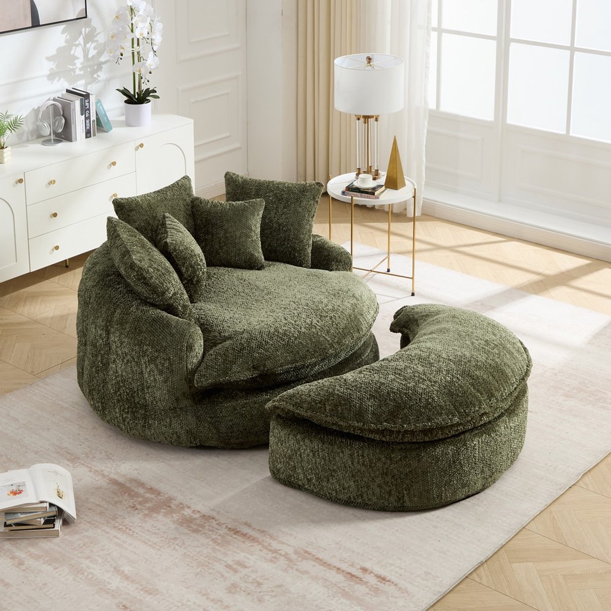 KOMHTOM 55 inch lange fauteuil van polyesterschuim, extra grote ronde stoel, zachte, moderne slaapbank, geschikt voor de woonkamer, lounge en filmzaal, brede fauteuil met verstelbare rugleuning, inclusief kussen olijfgroen