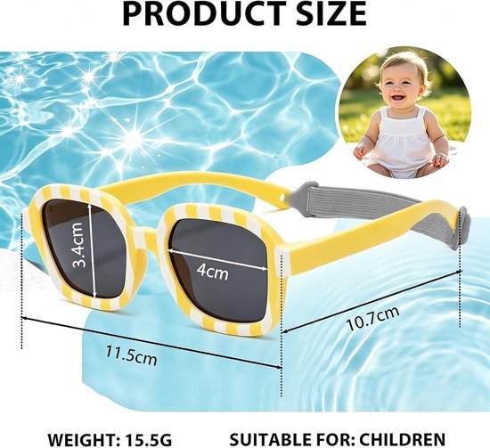 Zonnebril voor baby's, gepolariseerd, met riem, gepolariseerd met UV400-bescherming, verstelbaar silicone, zacht vierkant montuur en uv-bescherming, voor peuters van 0-2 jaar, jongens en — afbeelding 2