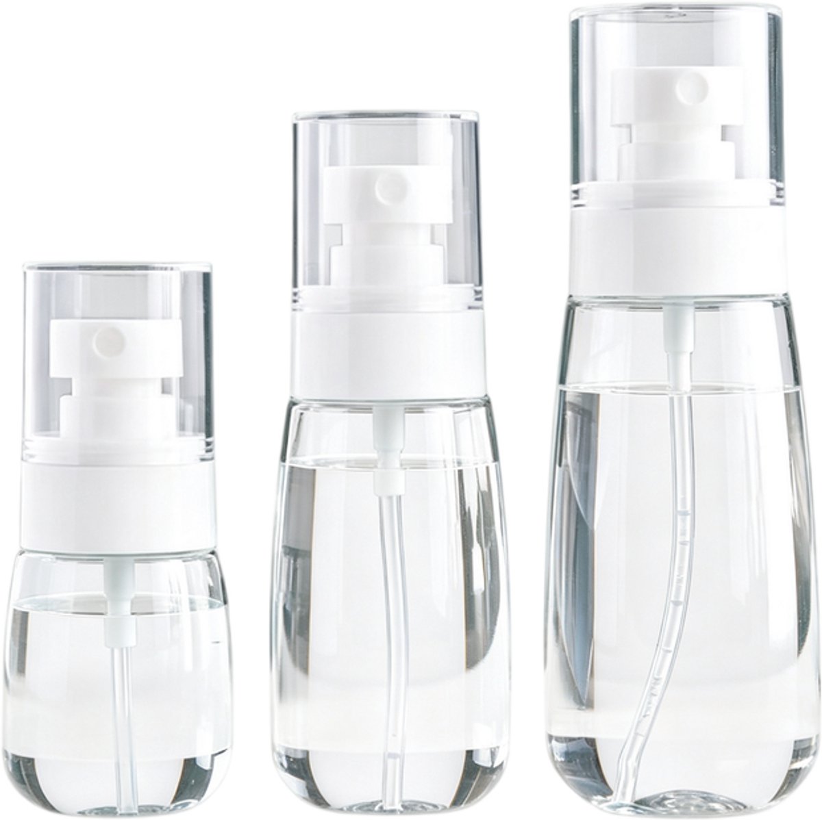 Set van 3 verstuivers voor fijne nevel – Compact en draagbaar – Dubbele, lekvrije afdichting met schroefdop – Gemaakt van nieuw materiaal; schoon en eenvoudig te reinigen – Set bevat flacons van 30 ml, 60 ml en 100 ml.