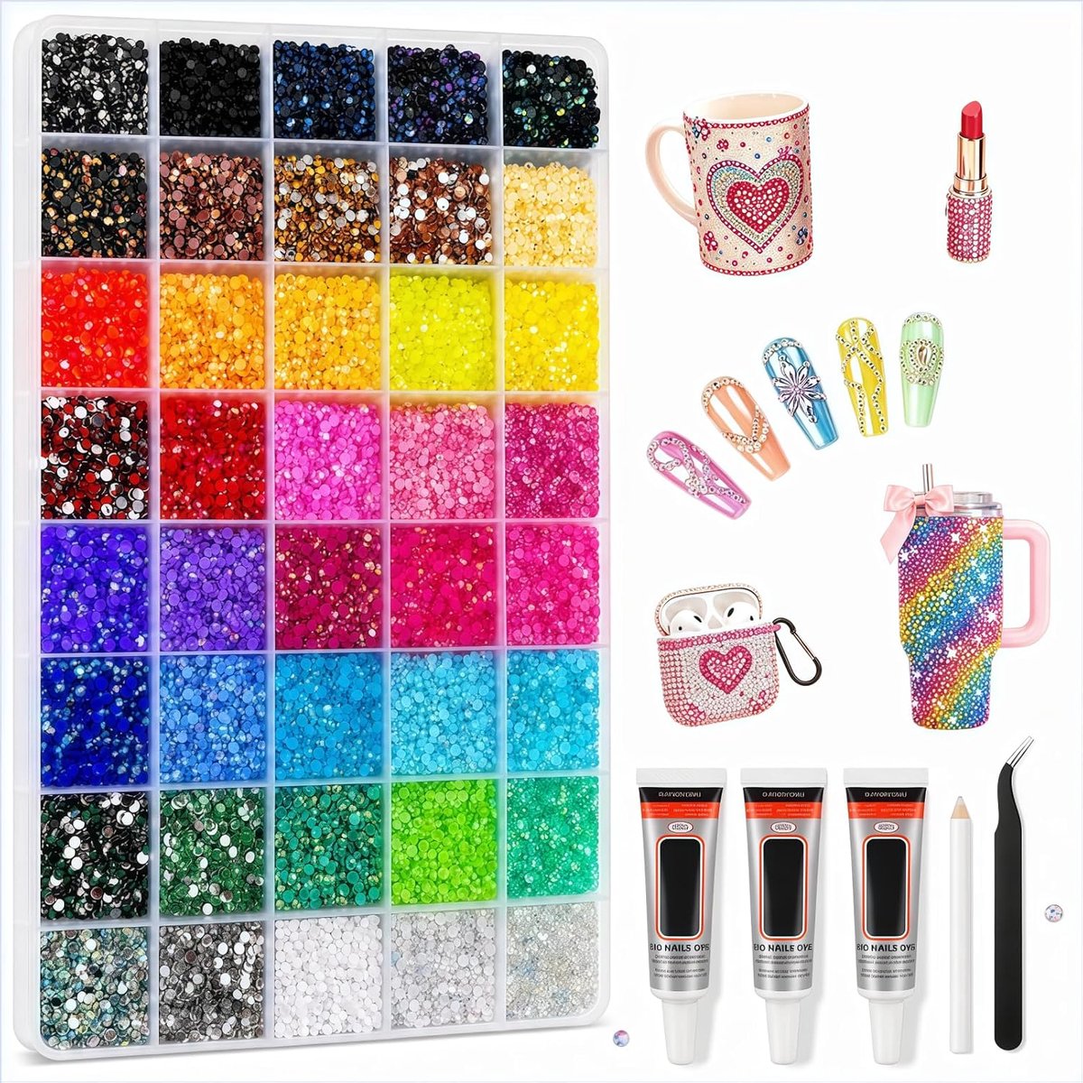 Strasssteentjes met lijm, pen en pincet, strass-steentjes om te knutselen in 40 kleuren, strass-steentjes voor kleding, platte strass-steentjes voor nagels, kleding en doe-het-zelfdecoratie