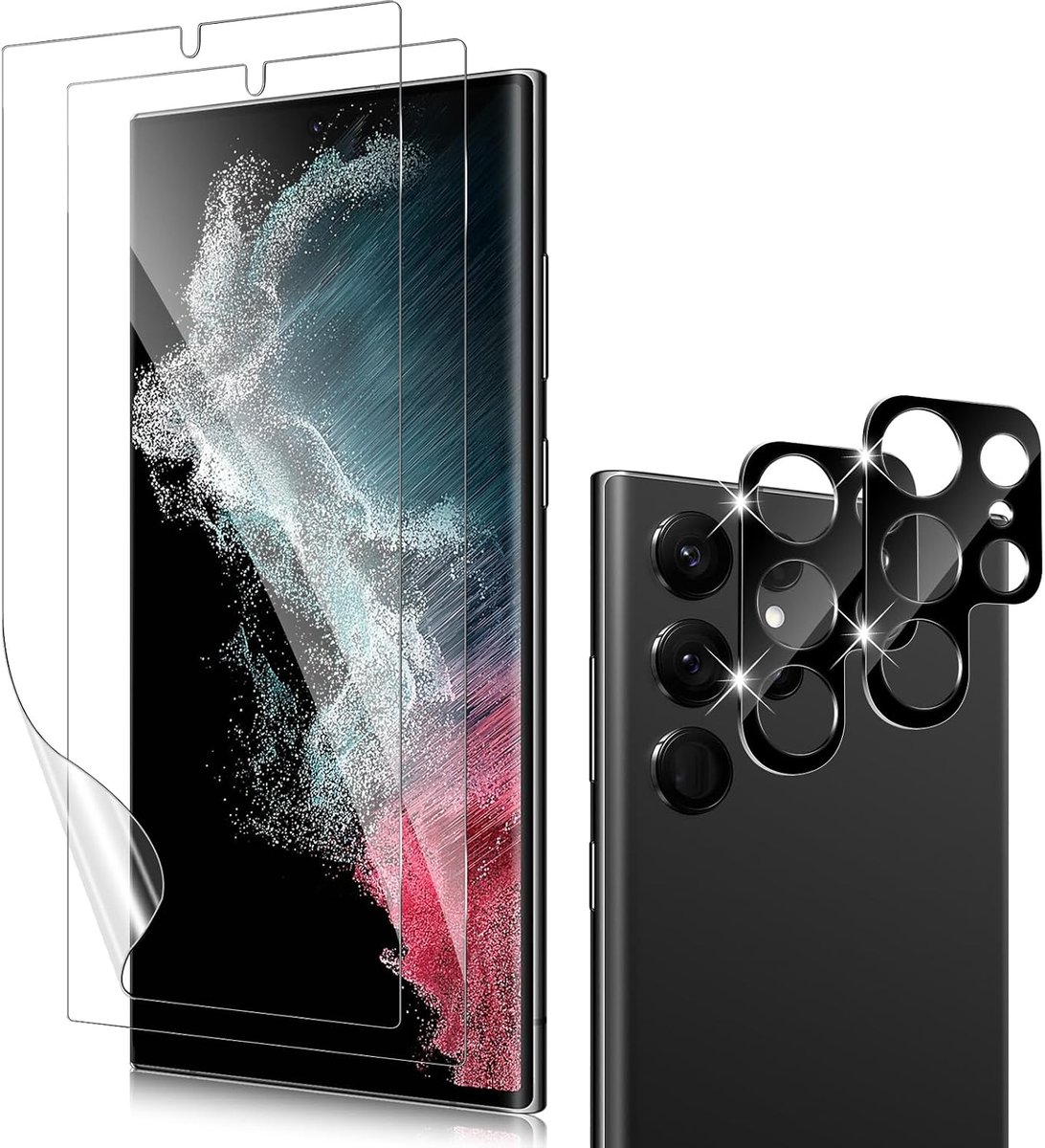 Beschermfolie voor Samsung Galaxy S22 Ultra, voor flexibel scherm en camera, pantserglas beschermfolie [2 + 2 stuks], 9H hardheid, krasbestendig, anti-luchtbellen, TPU-displaybeschermfolie
