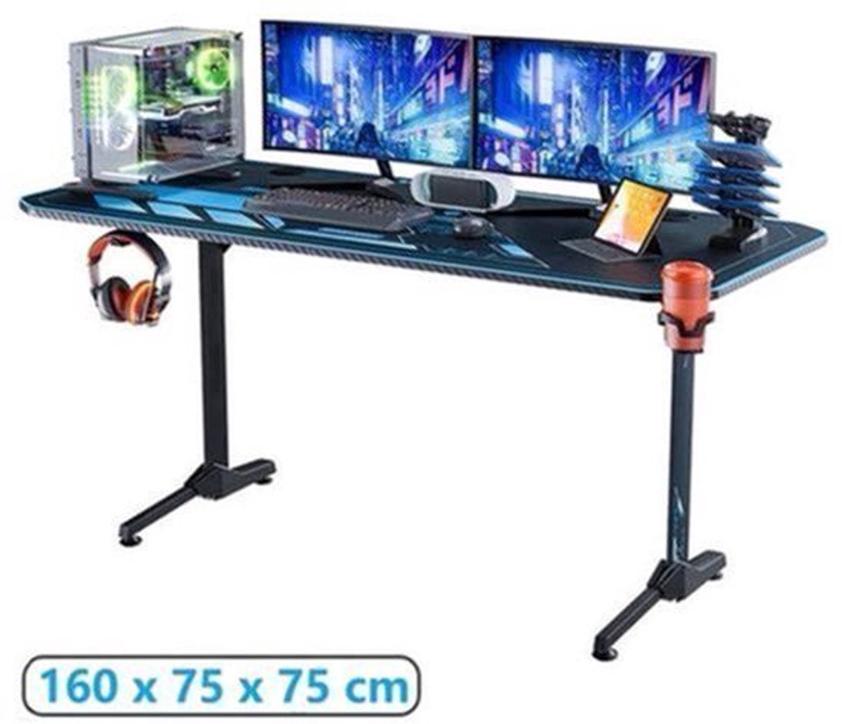 Gaming Bureau – Gamer Bureau – Computerbureau – Bureau Voor Thuiswerken – Studiebureau – Extra Ruim 160x75x75 cm – Inclusief Volledige Muismat & Bekerhouder Zwart Blauw