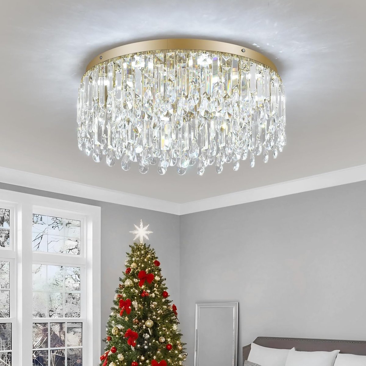 50 cm Gouden Kristallen Kroonluchter, Moderne Luxe Plafondlamp met Driekleurige LED Verlichting voor Woonkamer, Eetkamer, Slaapkamer