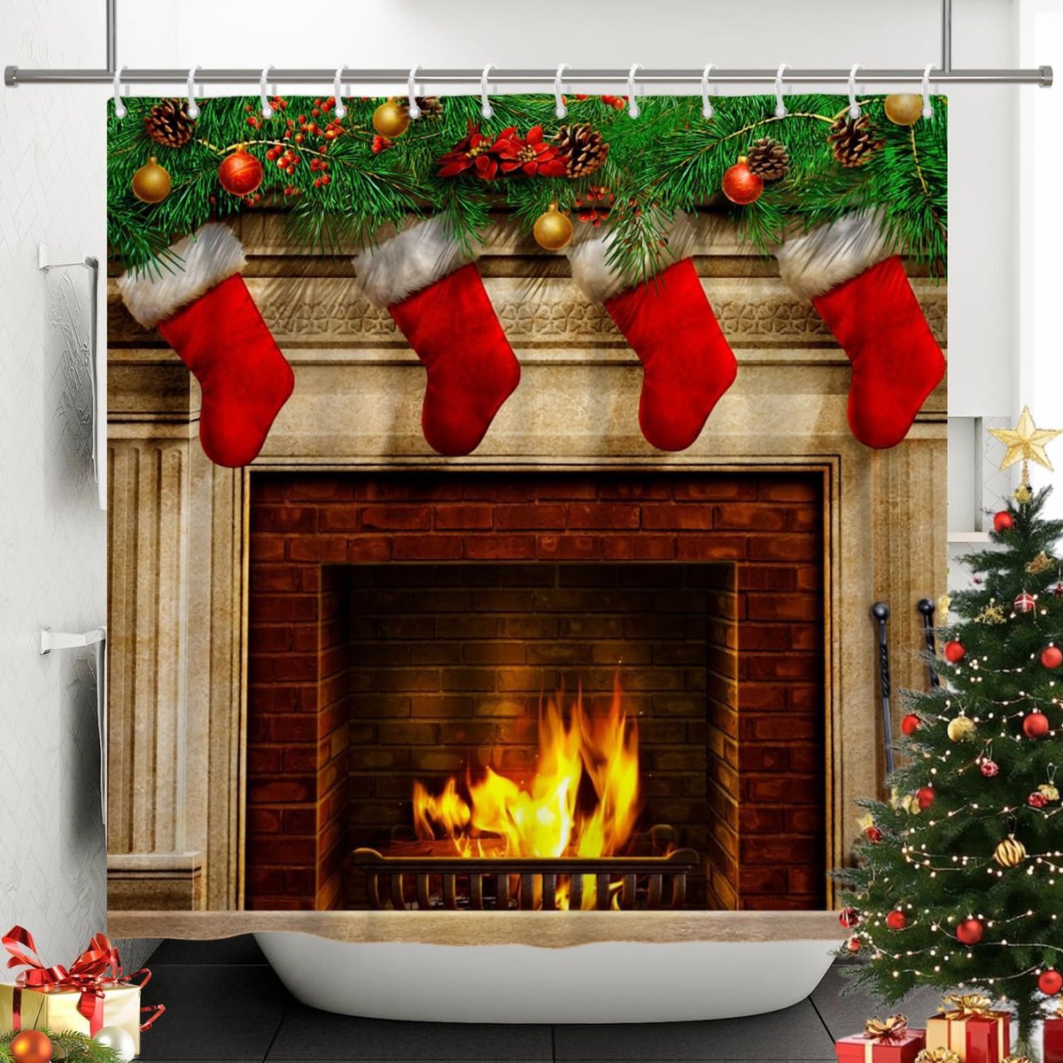 180x180 cm Kerst Open haard Douchegordijn Merry Red Sokken Pine Tree Leaf Bad Gordijn Vintage Baksteen Winter Badgordijn voor Badkamer Decor Stof Polyester met Haken