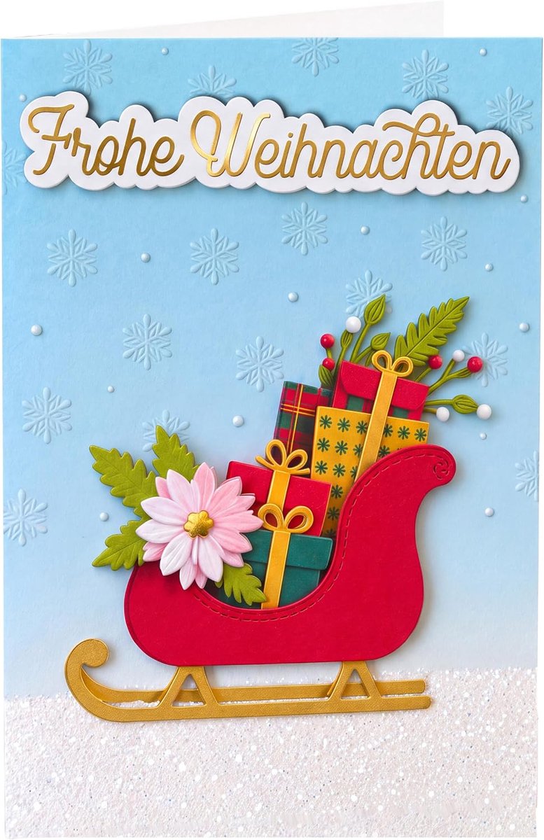 Coon 3D-kerstkaart slee, premium kerstkaart met envelop en gouden sticker, elegante vouwkaart voor Kerstmis, voor partner, familie en vrienden